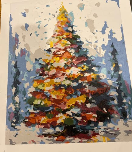 Customer's in-progress Custom Paint By Numbers canvas showing a colorful tree in a winter scene.