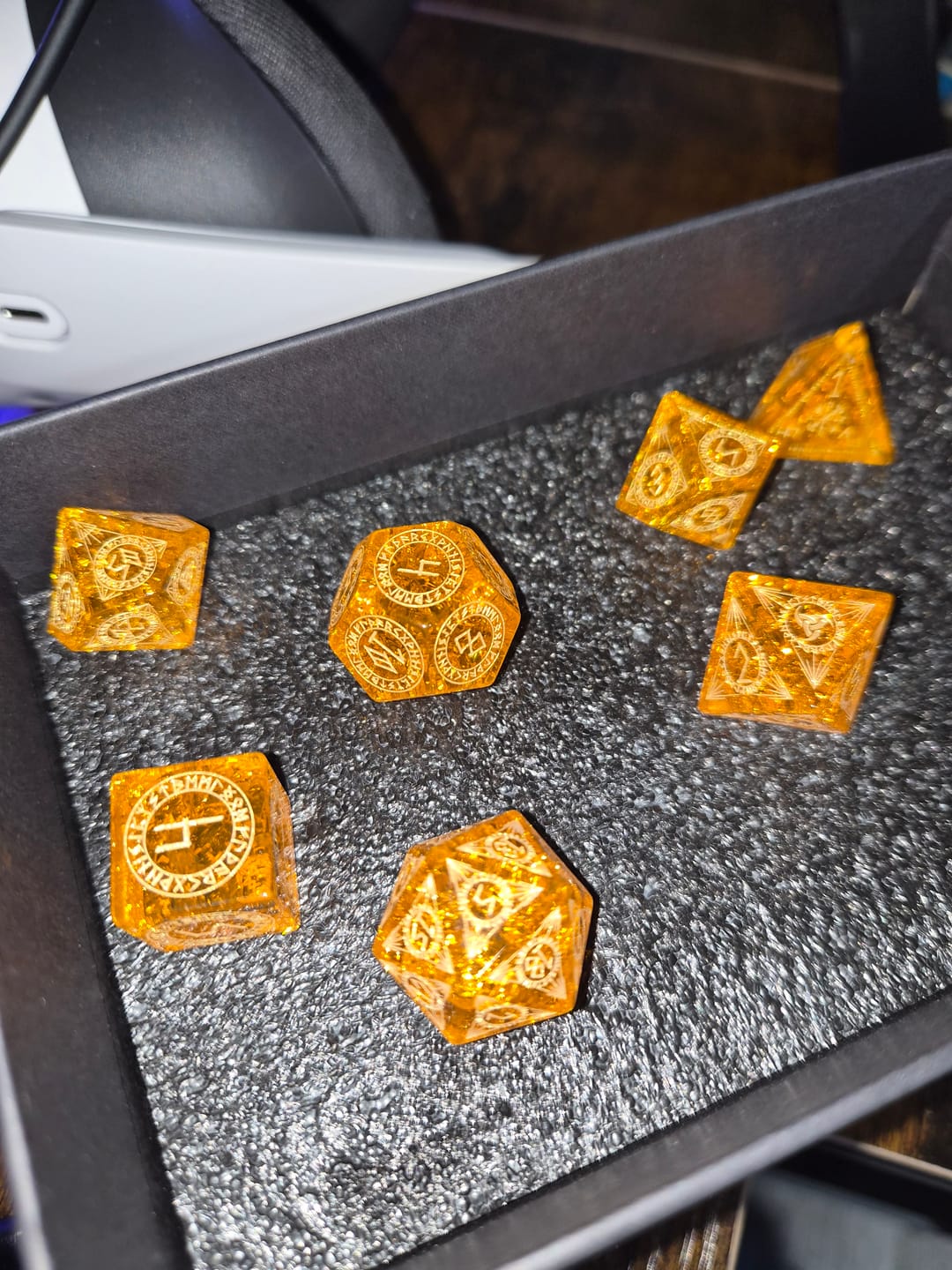Customer photo review of URWizards Dnd Engraved Blast Lava Glass Dice Set Nordic Style