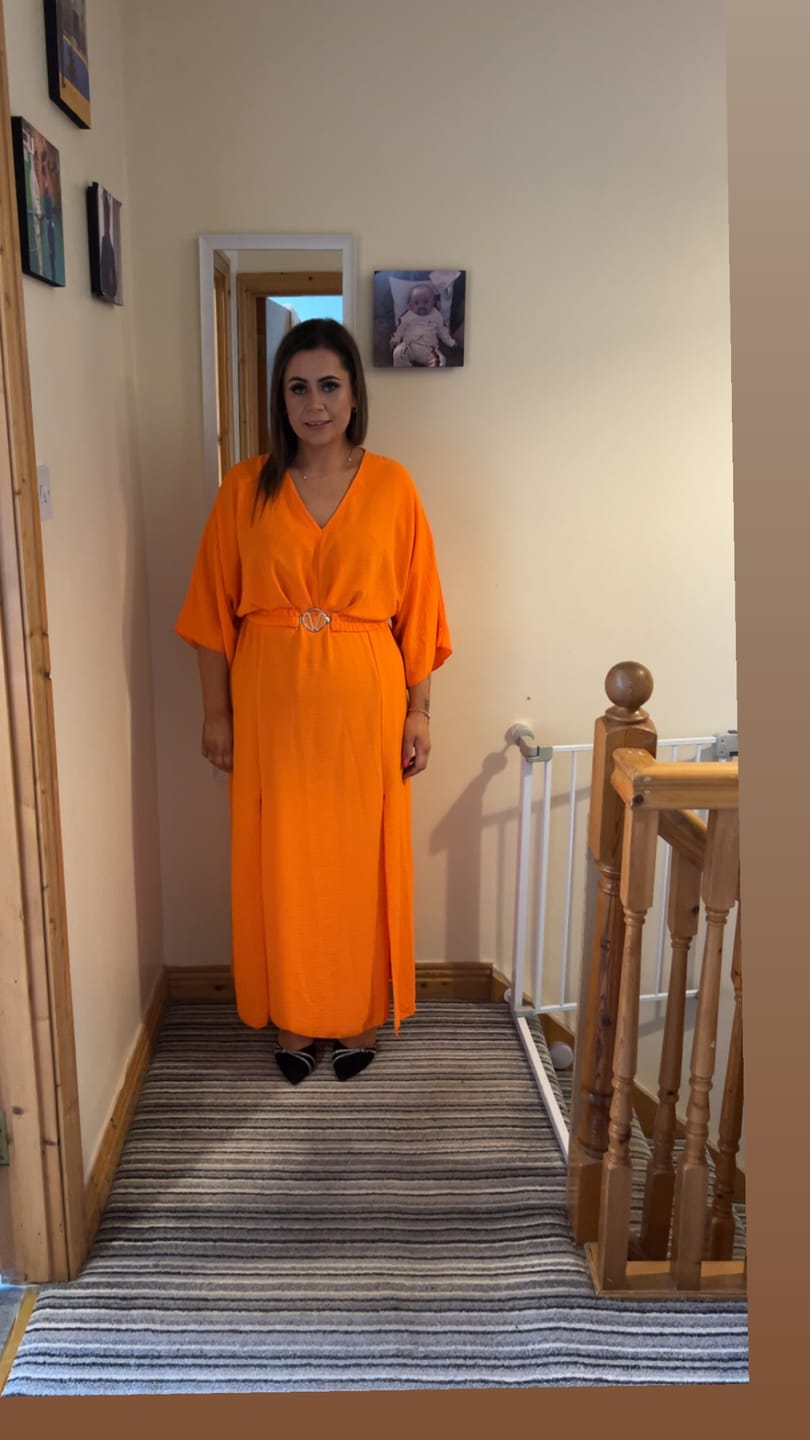Customer photo review of Avery Orange Front Slit Dress