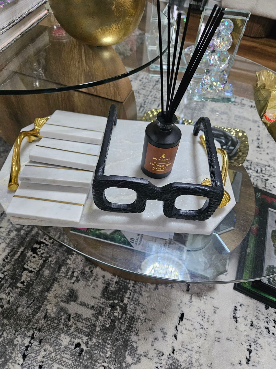 Customer photo review of White Marble Serving Tray with Gold Metal Handles