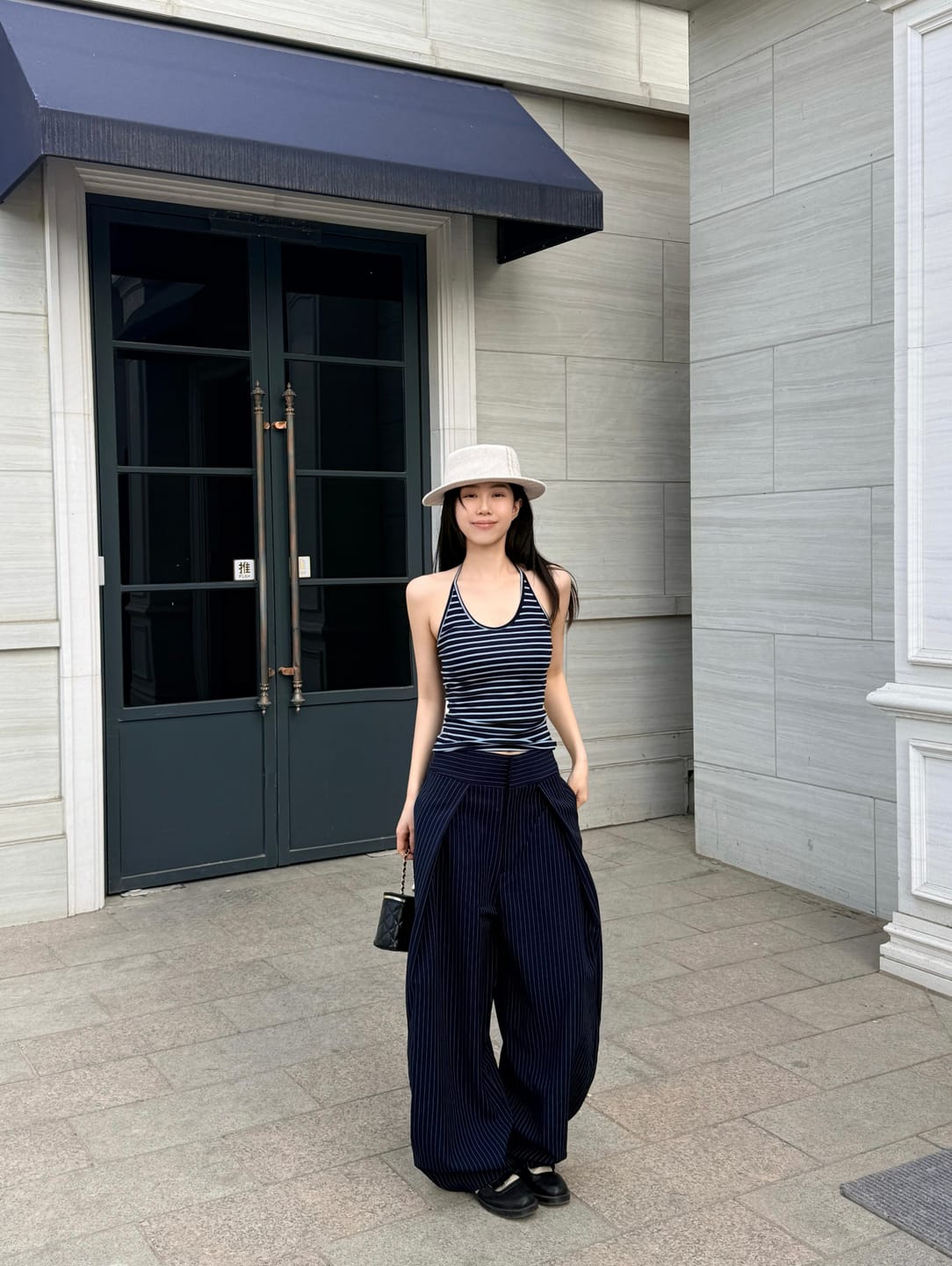 Customer photo review of IAMXIAA Navy Layered Stripe Halter & Slouchy V-Neck Top