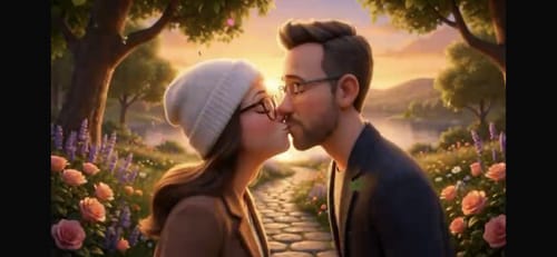 Rezensent zeigt eine romantische Szene aus seinem animierten Film, in der sich ein Paar küsst.