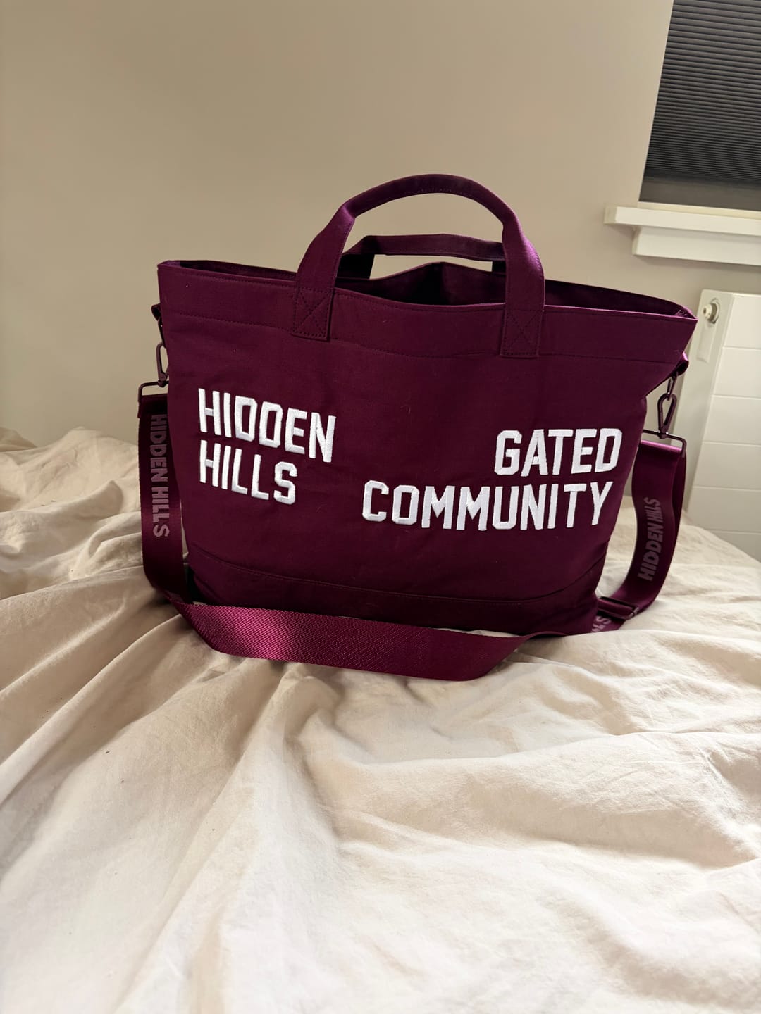 Customer photo review of the Gated Community Canvas Shopper Bag in Dark Plum
