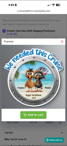 Customer's screenshot of a preview for a personalized round cruise magnet showing two cartoon birds in a porthole.