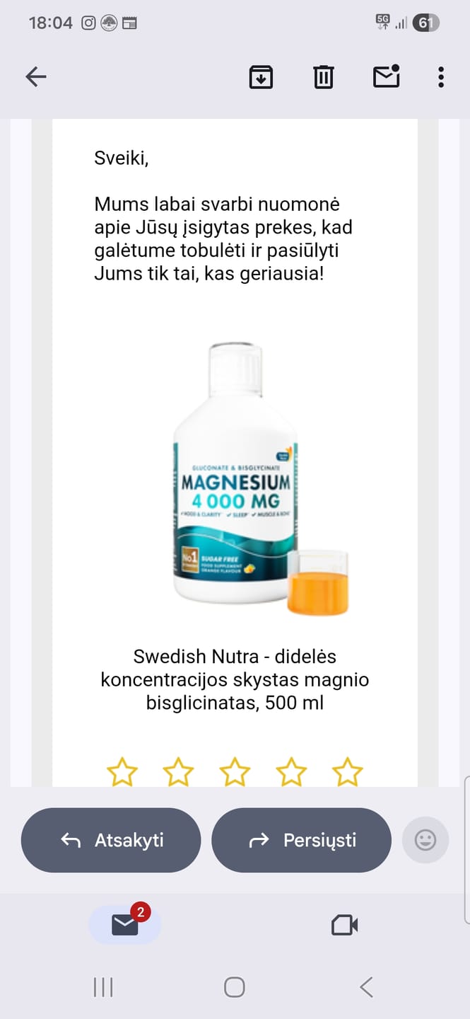 Customer photo review of Swedish Nutra - didelės koncentracijos skystas magnio bisglicinatas, 500 ml