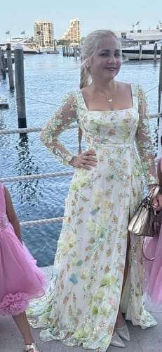 Customer photo review of Long Sleeves Square A Line Floral Green Prom Dress With Slit