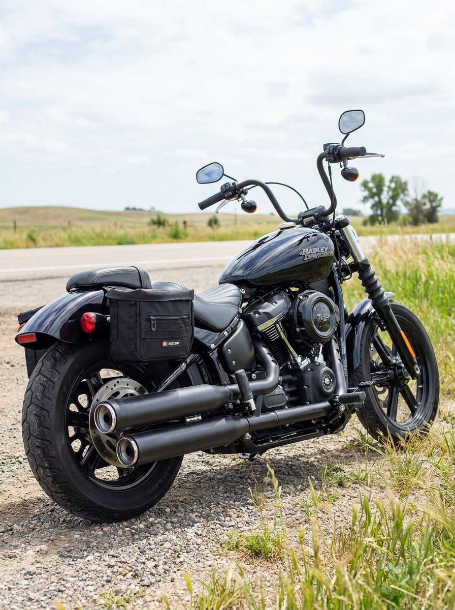 Customer photo review of 10L - Patriot Small Throw Over Saddlebags for Harley Softail Street Bob FXBB/S