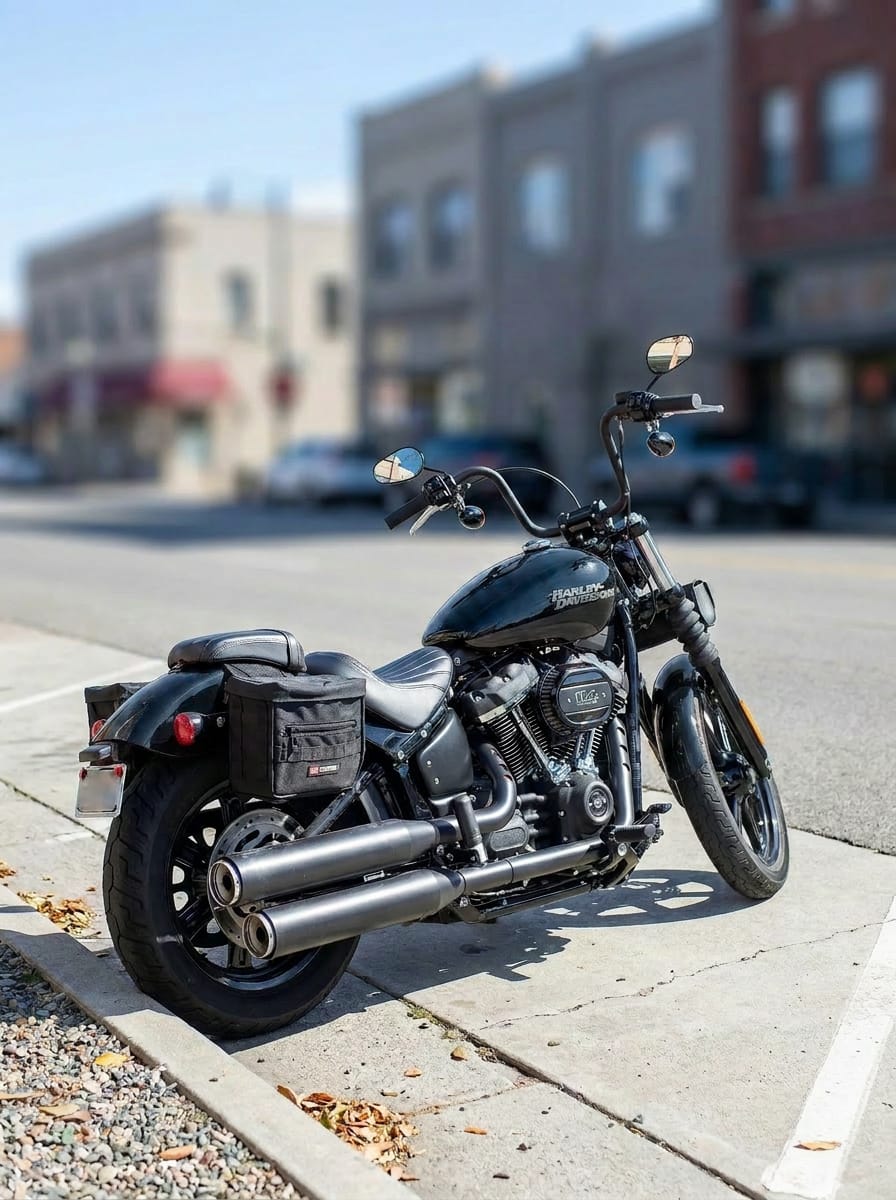 Customer photo review of 10L - Patriot Small Throw Over Saddlebags for Harley Softail Street Bob FXBB/S