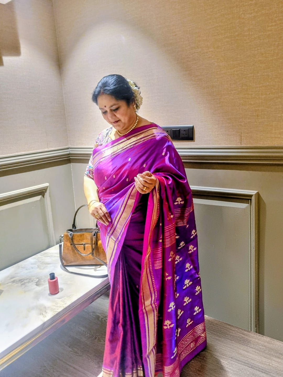 Customer photo review of Shubh ~ Limited Edition Pure Silk Paithani with Asawali Pallu & Asawali Buttis in Exquisite Dual Tone Pink Purple
