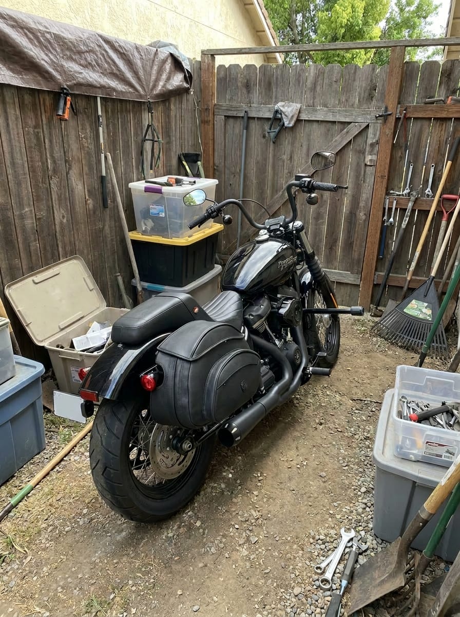 Customer photo review of 60L - Stealth XL Quick Mount Saddlebags for Harley Softail Street Bob FXBB
