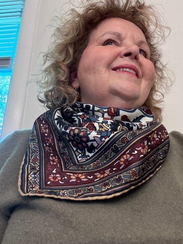 Customer photo review of Pristine Burgundy and Blue Patterned Vintage Silk Scarf
