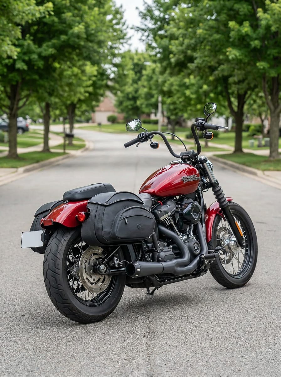 Customer photo review of 60L - Stealth XL Quick Mount Saddlebags for Harley Softail Street Bob FXBB