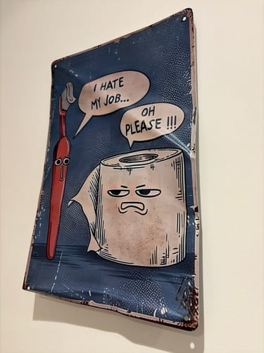 Customer's 'I Hate My Job Oh Please Funny Wall Art' shown bent and damaged on its edges.