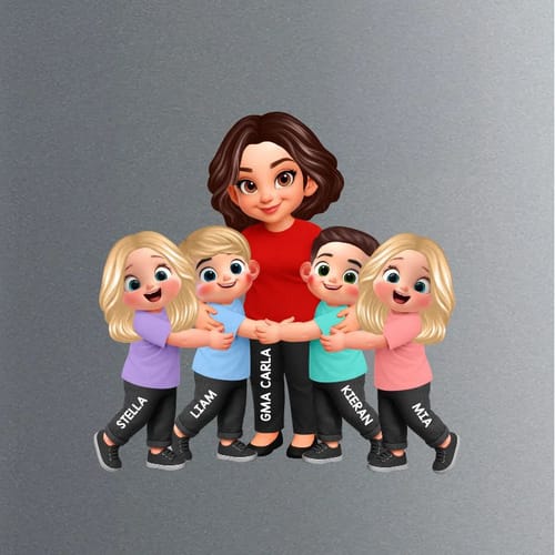Customer's personalized acrylic magnet of a grandma and four grandkids hugging, each character with a custom name printed on their clothing.