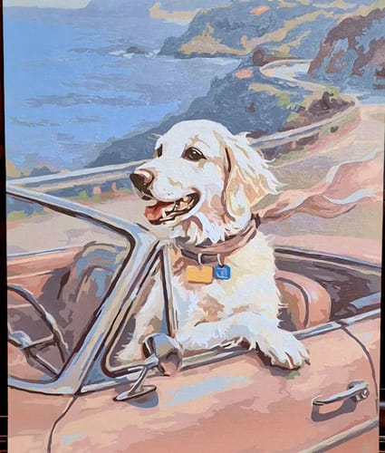 Customer's completed painting from the Custom Paint by Numbers Kit, showing their dog in a pink convertible by the coast.