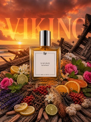A customer's bottle of Viking Eau De Parfum styled with its fresh ingredients like citrus, flowers, and spices.