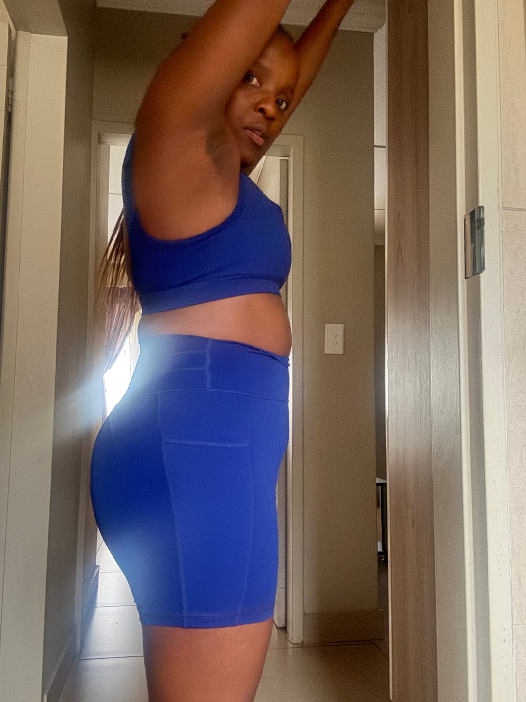 Customer photo review of Navy Blue High Impact Sports Bra & Pocket Shorts Set