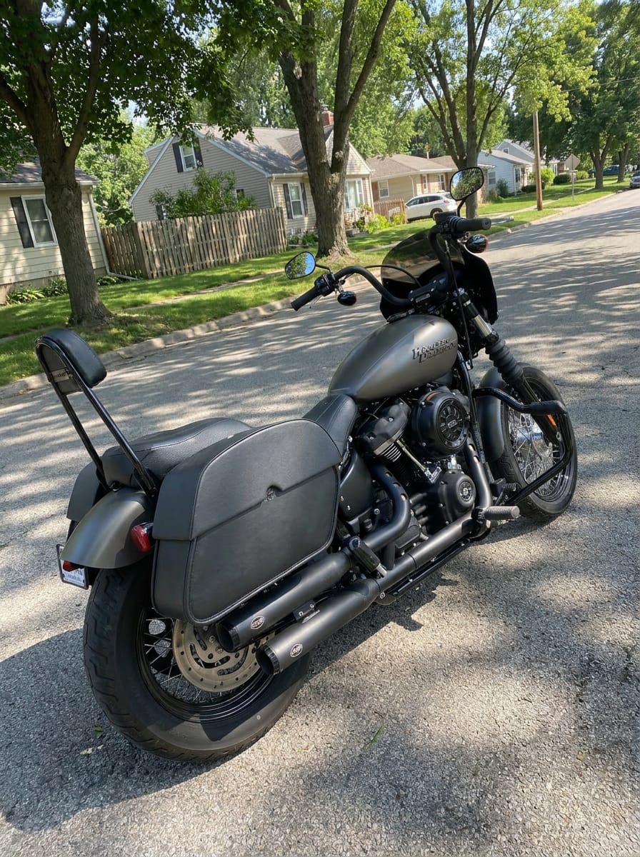 Customer photo review of 28L - Panzer Medium Quick Mount Leather Saddlebags For Harley Softail Street Bob FXBB/S