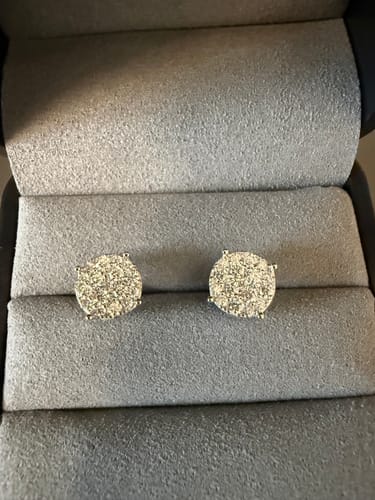 Customer photo review of S925 Moissanite Diamond Iced Round Stud Earrings in White Gold - 10mm/Screw Back