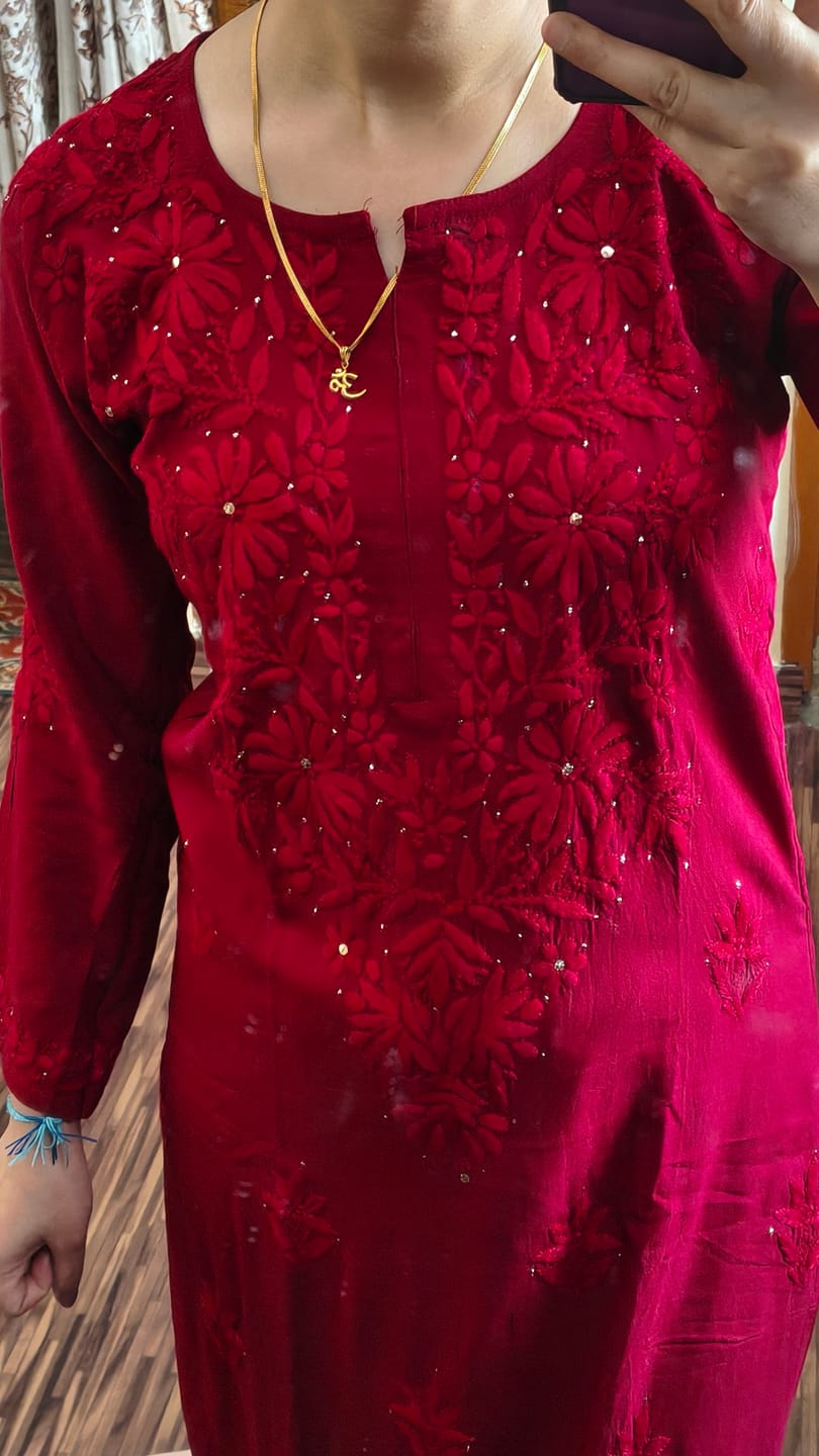 Customer photo review of Maroon 2 piece Rayon Mukaish set
