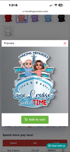 Reviewer's screenshot showing a preview of the personalized 'Making Memories One Cruise at a Time' magnet.