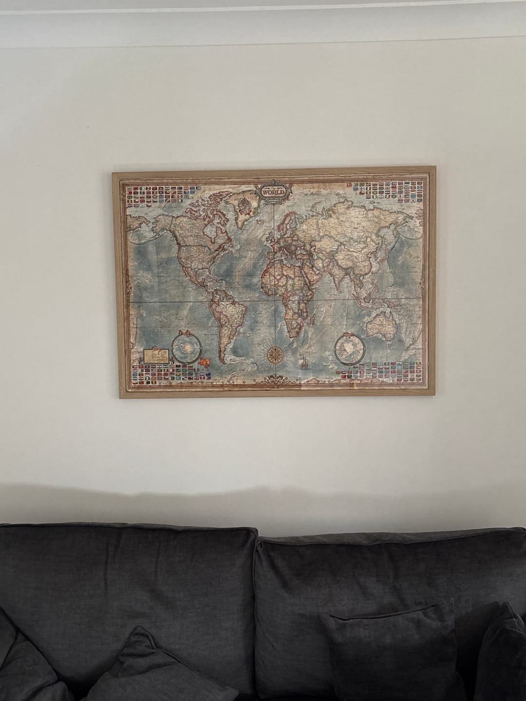 Customer photo review of Executive World Map by Ray&Co, 2025: 3D Ocean Relief, Vintage Aesthetic, Every Flag