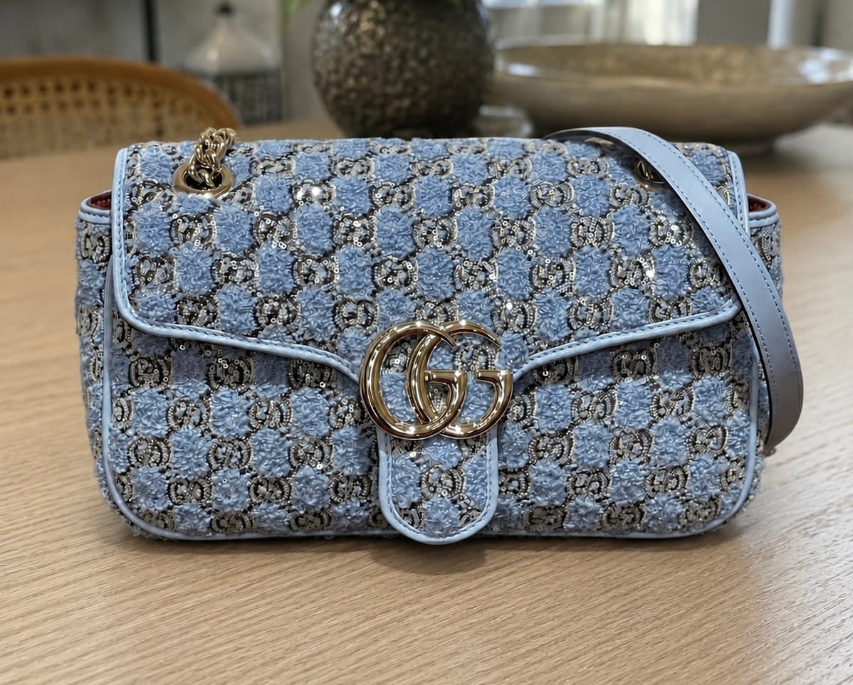 Customer photo review of Gucci small GG Marmont sky blue bouclé  shoulder bag