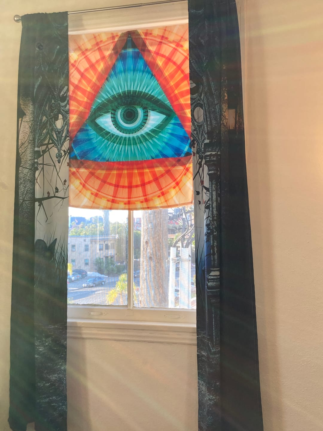 Customer photo review of Illuminati Eye of Providence Print Tier Curtains