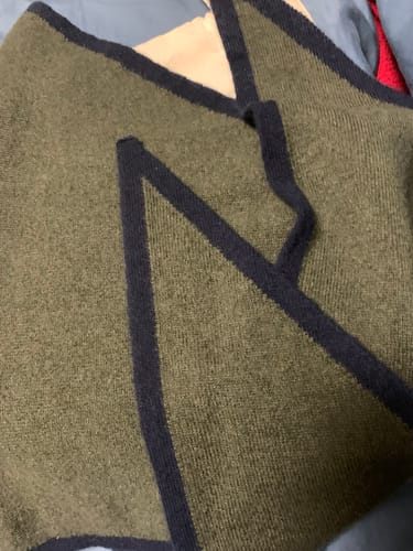 Customer photo review of Brand New Khaki Green and Navy Recycled Cashmere Triangle Scarf
