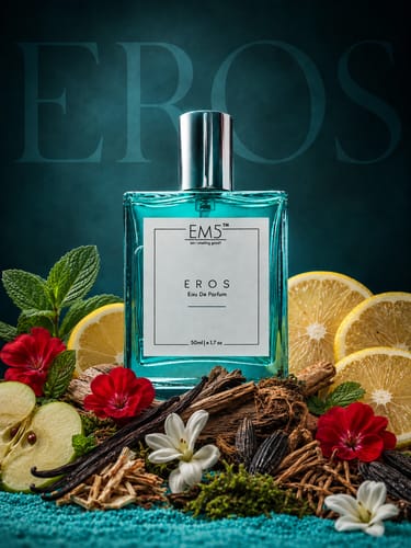 Reviewer's photo of the Eros Eau De Parfum bottle surrounded by its fresh and woody scent ingredients.