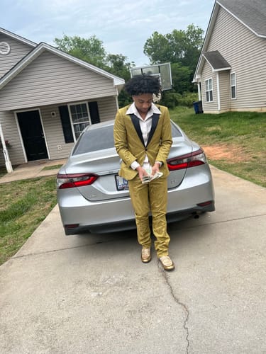 Customer photo review of Men's 2-Piece One Button Sparkling Gold Tuxedo