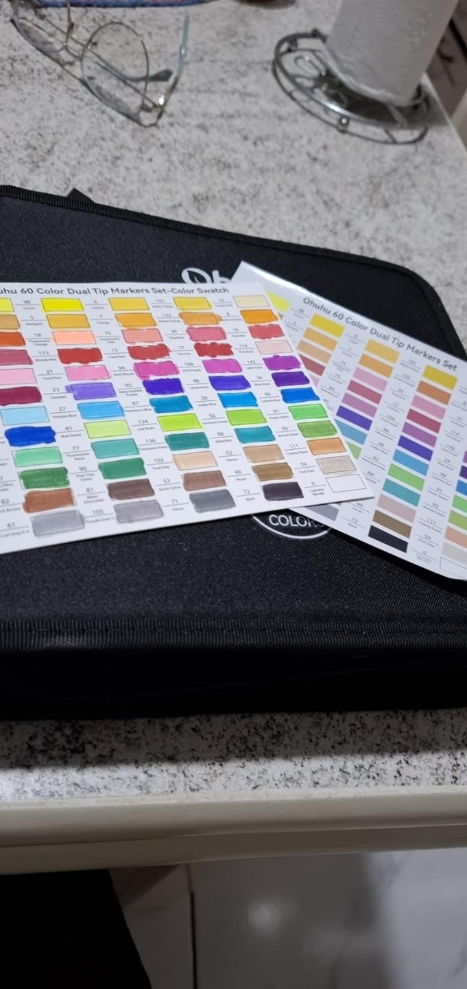 Customer photo review of Ohuhu Pupe Paper-friendly (No Peeling) Brush and Fineliner Dual Tips 60 Colors Water-based Coloring Markers