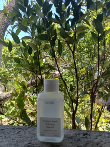 Customer's bottle of Bad Skin Collagen Bomb Hydrating Ampoule on a stone surface with lush greenery behind.