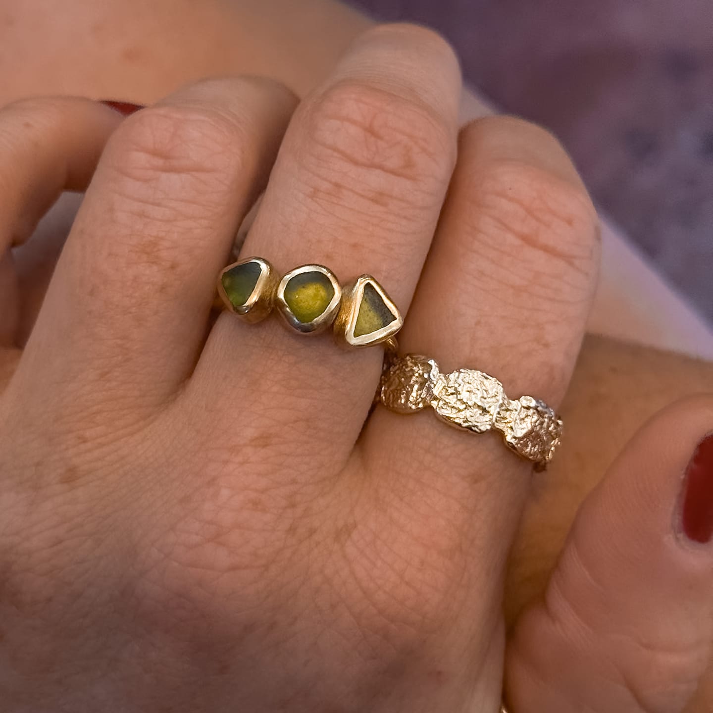 Customer photo review of Green Sea Glass, Gold Vermeil - Size K 1/2