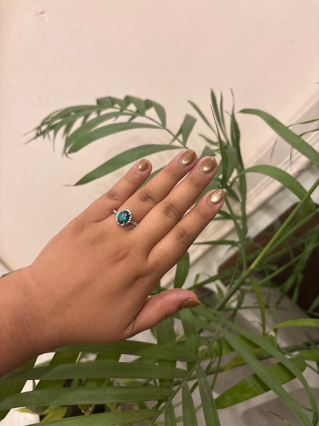 Customer photo review of 3Ct Sasha Green Halo Oval Solitaire Silver Ring For Women