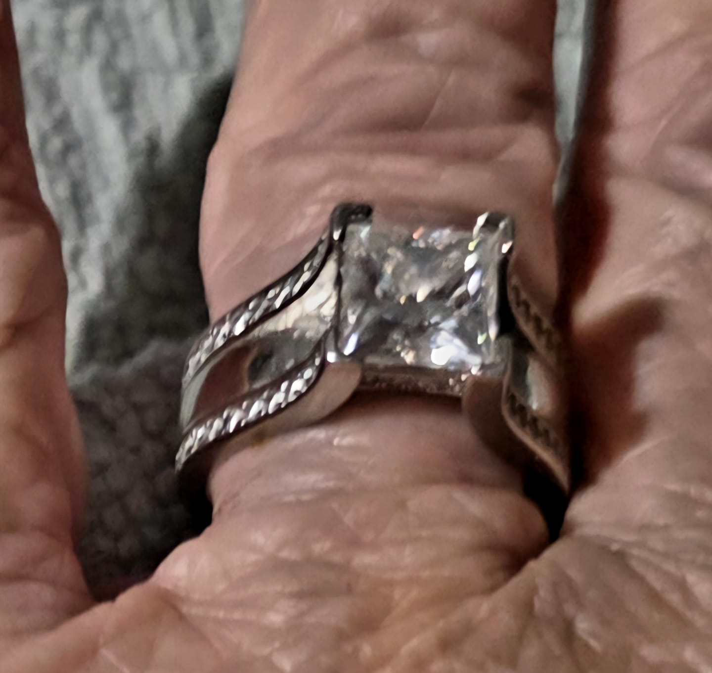 Customer photo review of Princess Cut Moissanite Triple Row Pave Engagement Ring