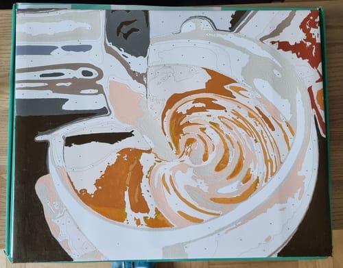 Customer's Custom Paint by Numbers kit canvas with a detailed, pre-numbered design of a swirling mixture in a bowl.