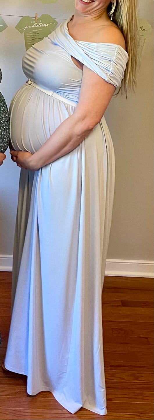 Customer photo review of Ariana Maxi Maternity Moon Dress in Baby Blue
