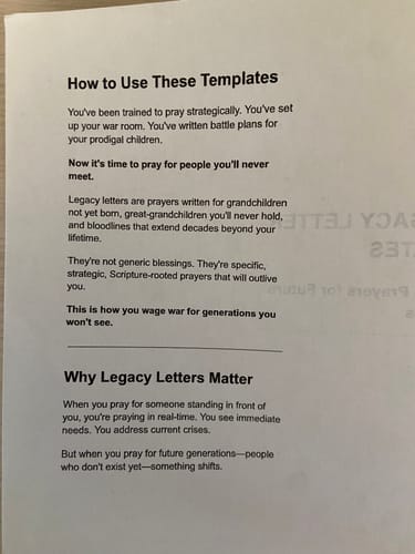 Customer photo review of Bonus #3: The Legacy Letter Templates (Pre-written prayers for future generations)