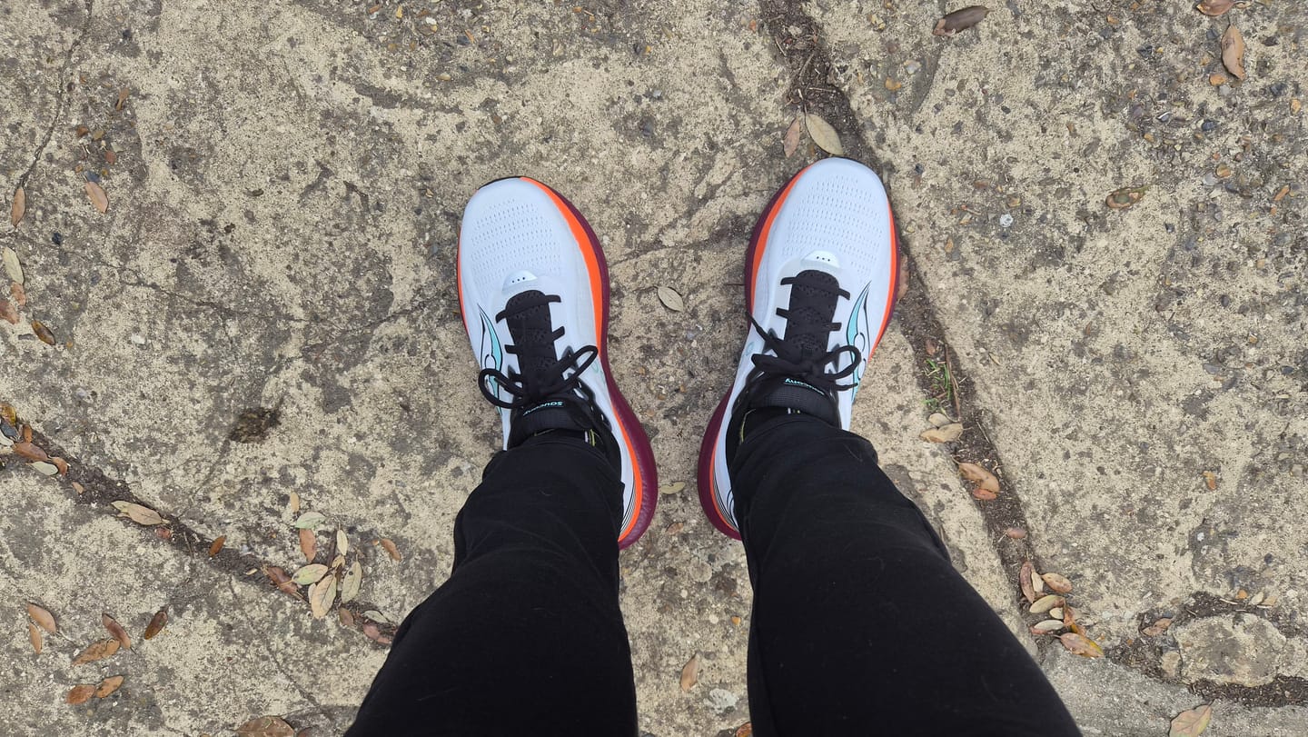Customer photo review of Saucony Triumph 23 Men's Running Shoe - White/Crimson