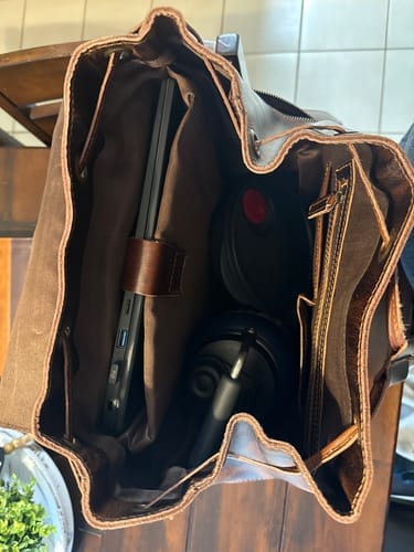 Customer photo review of 17" Retro Buffalo Leather Laptop Travel Backpack