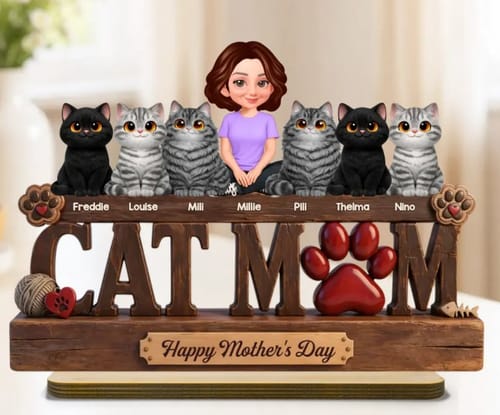 Customer's personalized 'Cat Mom' wooden plaque with a cartoon woman, seven cats, and their names displayed on a wooden stand.
