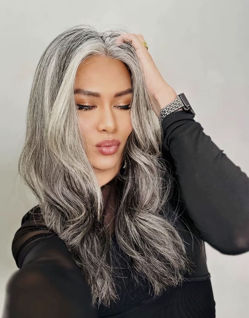 Customer photo review of Luvwin Silver Grey Salt & Pepper Wavy Wig With Signature White Front Streaks