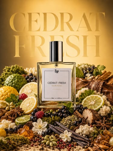 Customer's Cedrat Fresh perfume bottle displayed among its vibrant ingredients like lemon, berries, spices, and moss.