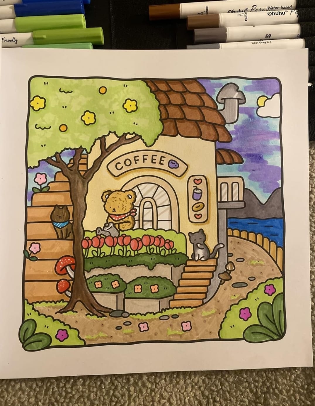 Customer photo review of Ohuhu Pupe Paper-friendly (No Peeling) Brush and Fineliner Dual Tips 60 Colors Water-based Coloring Markers