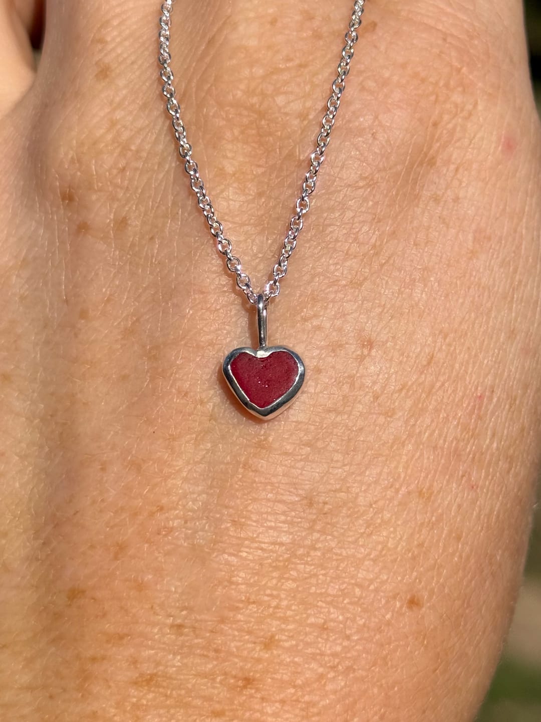 Customer photo review of Red Sea Glass Heart Necklace, Gold Vermeil