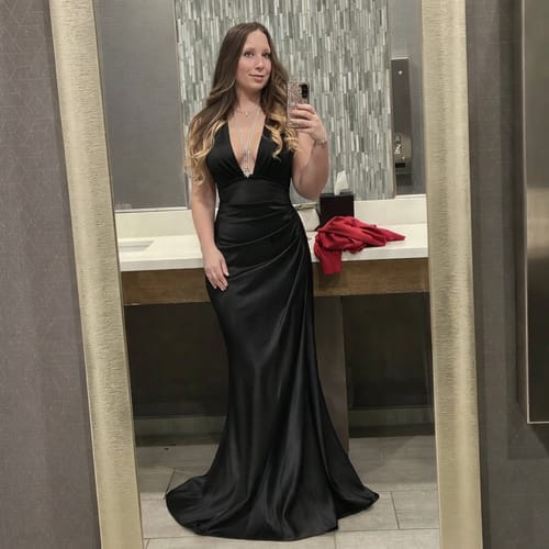 Customer photo review of Halter Split Front Beading Mermiad White Satin Prom Dress