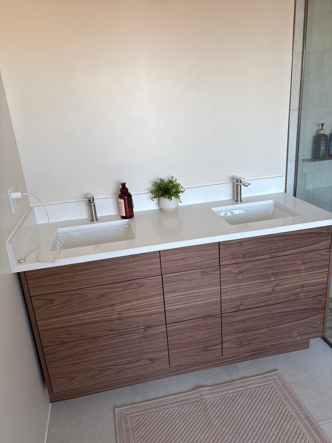 Customer photo review of Asher 60" American Black Walnut Bathroom Vanity, Double Sink