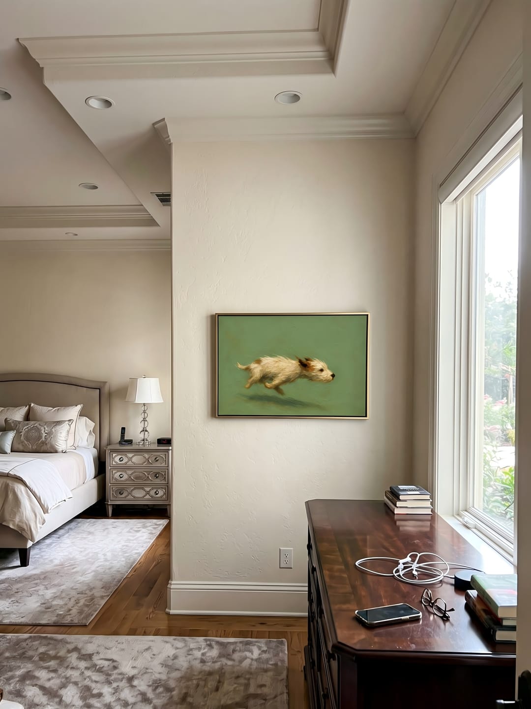 Customer photo review of Free Spirit Run – Sage Green Minimalist Impasto Dog Oil Painting | Modern Cozy Pet Theme Hallway Art