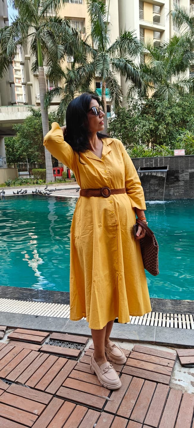 Customer photo review of Women Yellow Airy Linen Flared Dress
